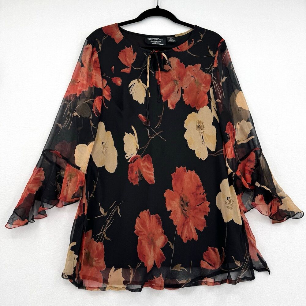 New York City Design Co Silk Floral Tunic Blouse 1X Black Orange Ruffle Sleeve